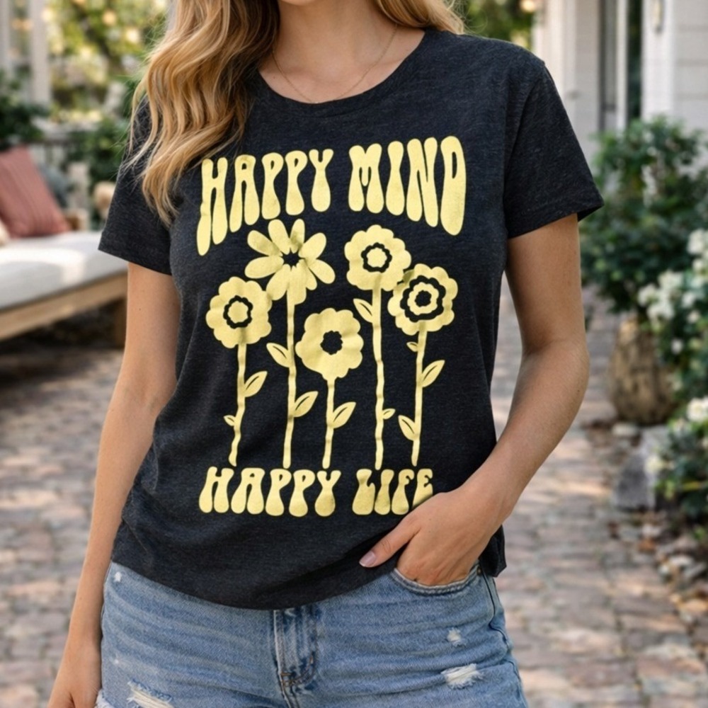 Graphic Tee Women Sz. Small Charcoal Happy Mind Happy Life Floral Retro Shirt